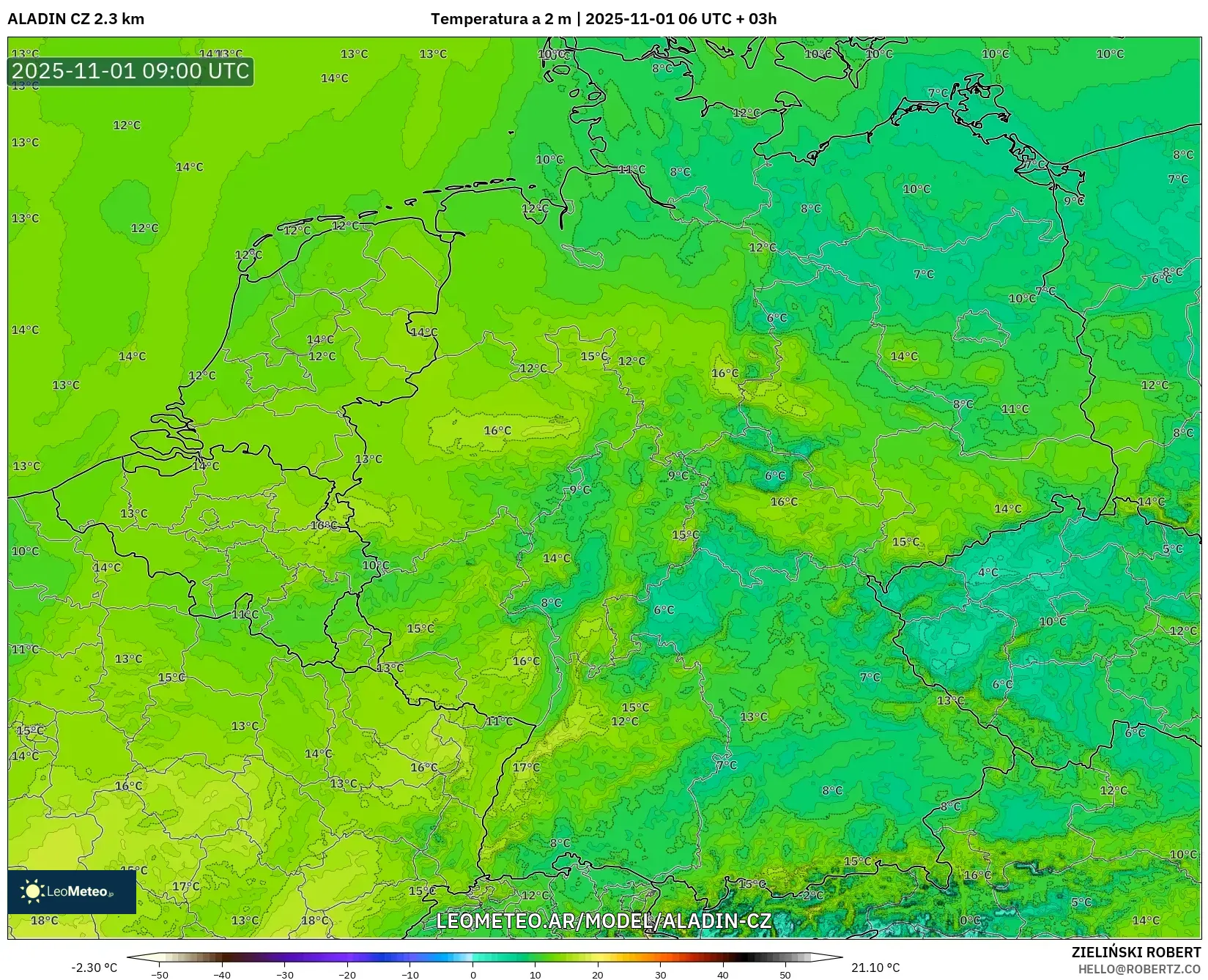 ALADIN CZ 2.3 km model - Alemania, Temperatura a 2 m ALADIN CZ 2.3 km model - Alemania, Temperatura a 2 m