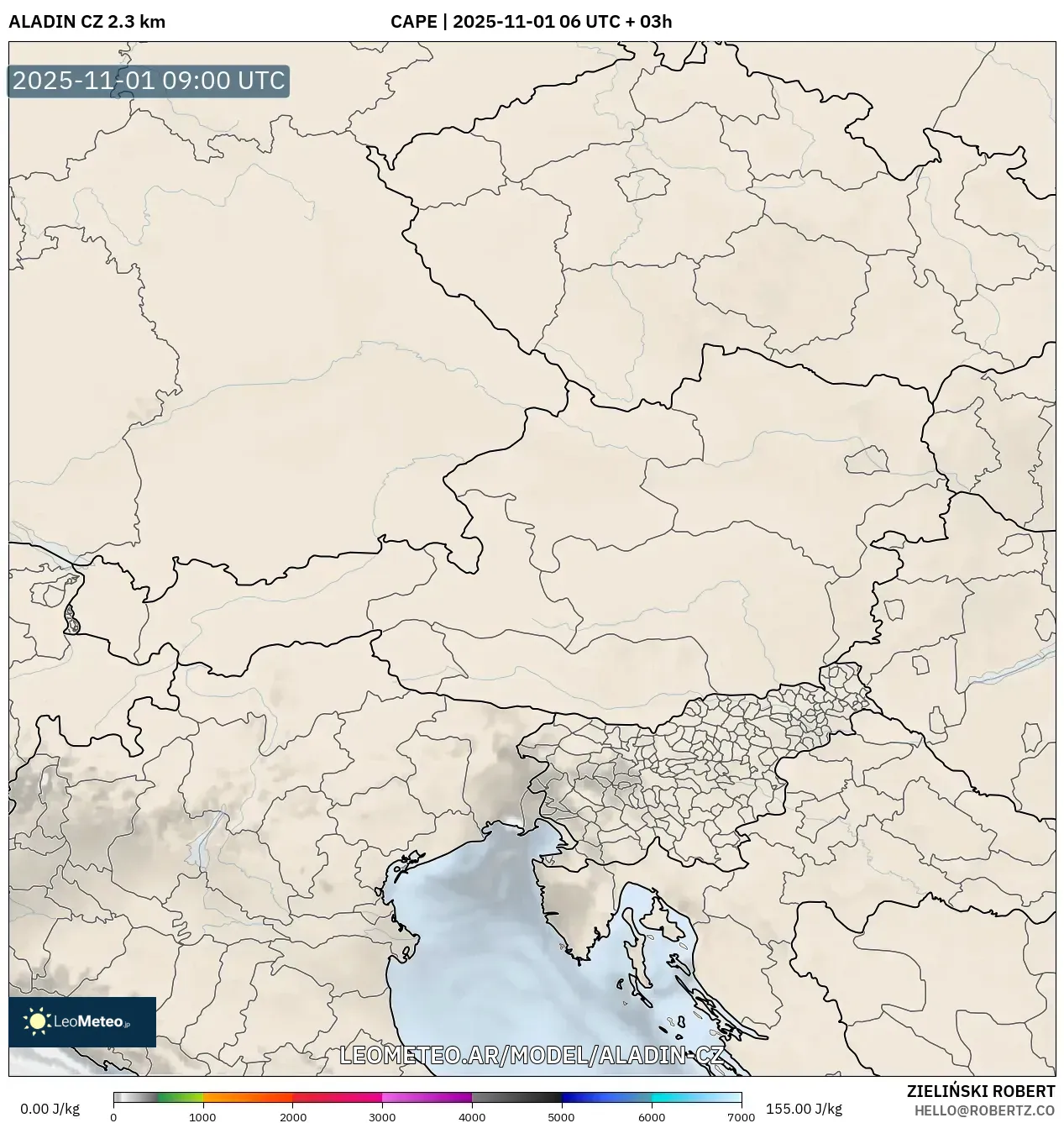 ALADIN CZ 2.3 km model - Austria, CAPE ALADIN CZ 2.3 km model - Austria, CAPE