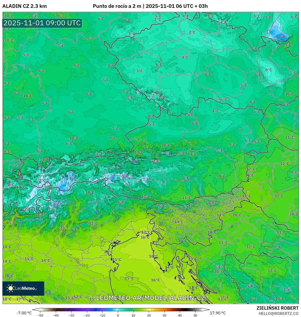 ALADIN CZ 2.3 km model - Austria, Punto de rocío a 2 m