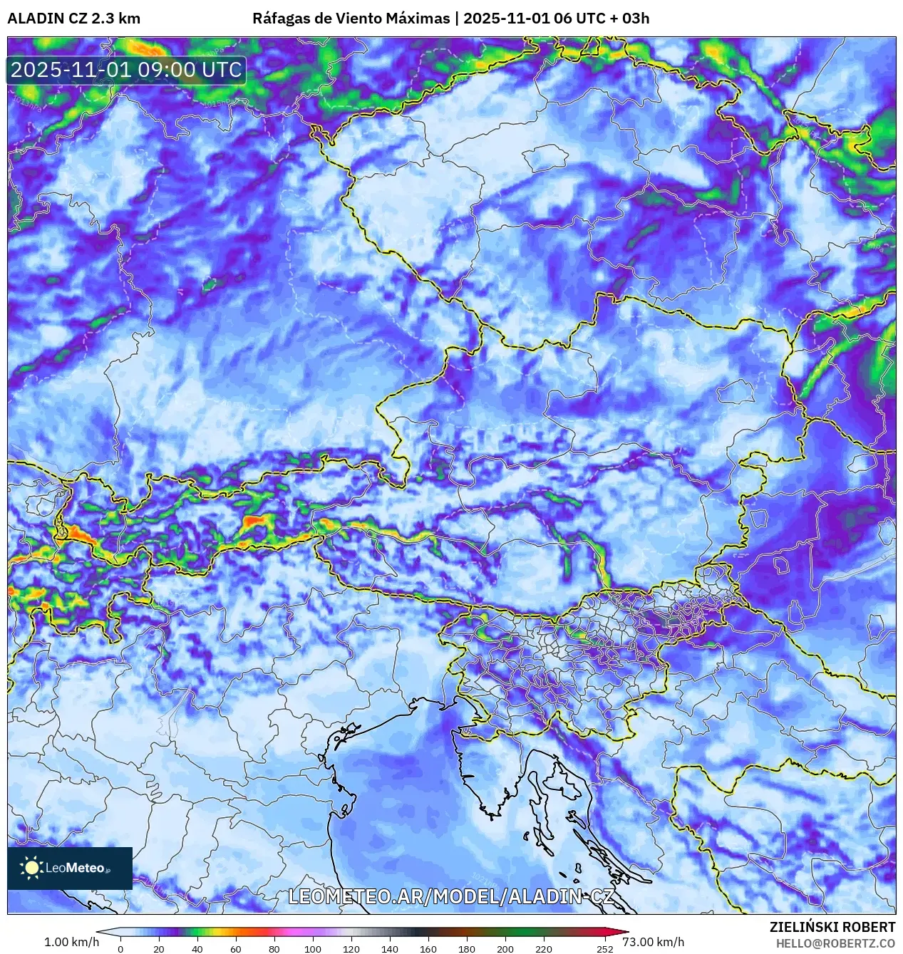 ALADIN CZ 2.3 km model - Austria, Ráfagas de Viento Máximas ALADIN CZ 2.3 km model - Austria, Ráfagas de Viento Máximas