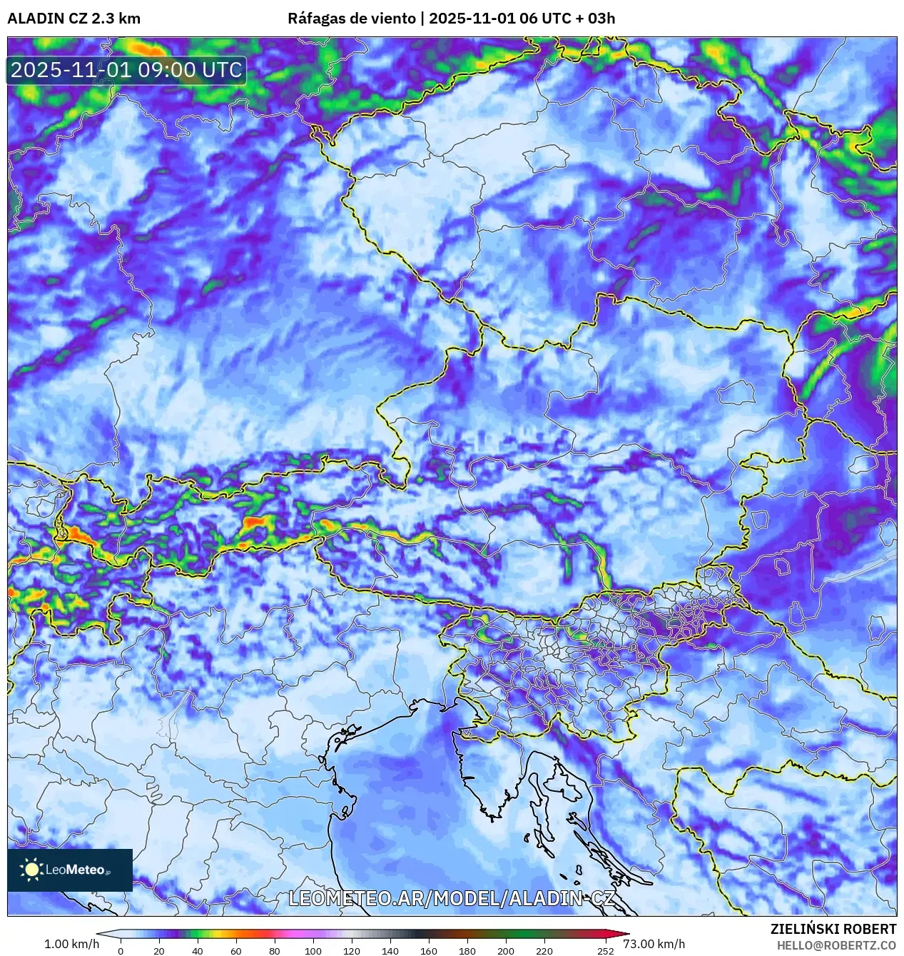 ALADIN CZ 2.3 km model - Austria, Ráfagas de viento ALADIN CZ 2.3 km model - Austria, Ráfagas de viento