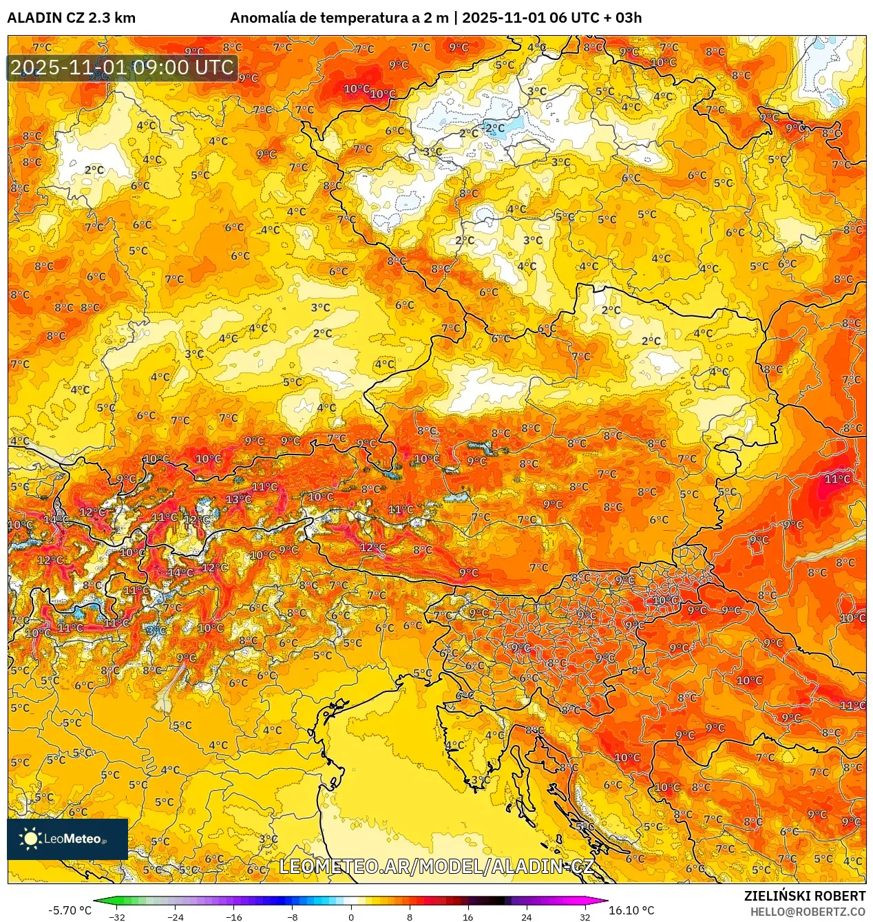 ALADIN CZ 2.3 km model - Austria, Anomalía de temperatura a 2 m ALADIN CZ 2.3 km model - Austria, Anomalía de temperatura a 2 m
