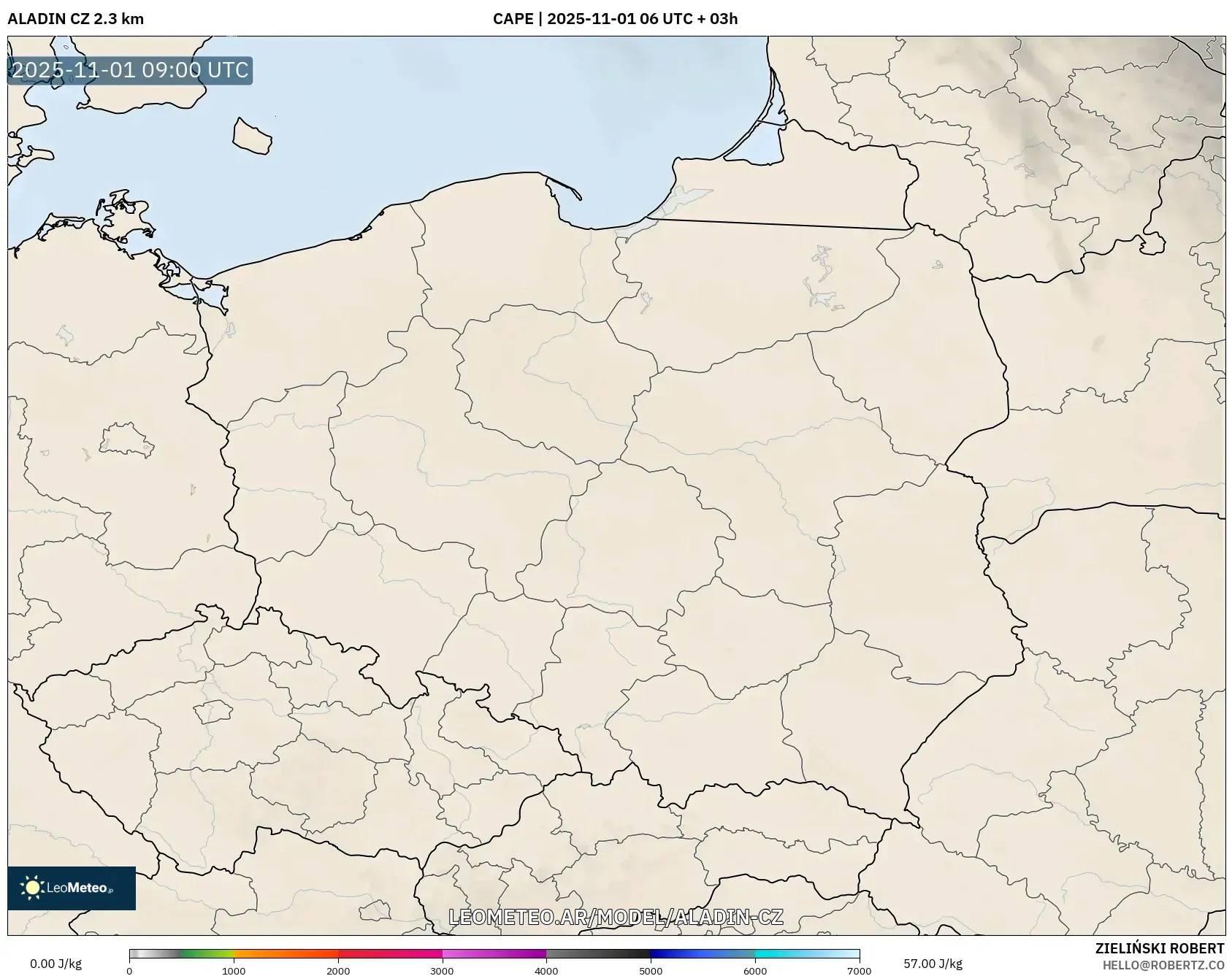 ALADIN CZ 2.3 km model - Polonia, CAPE