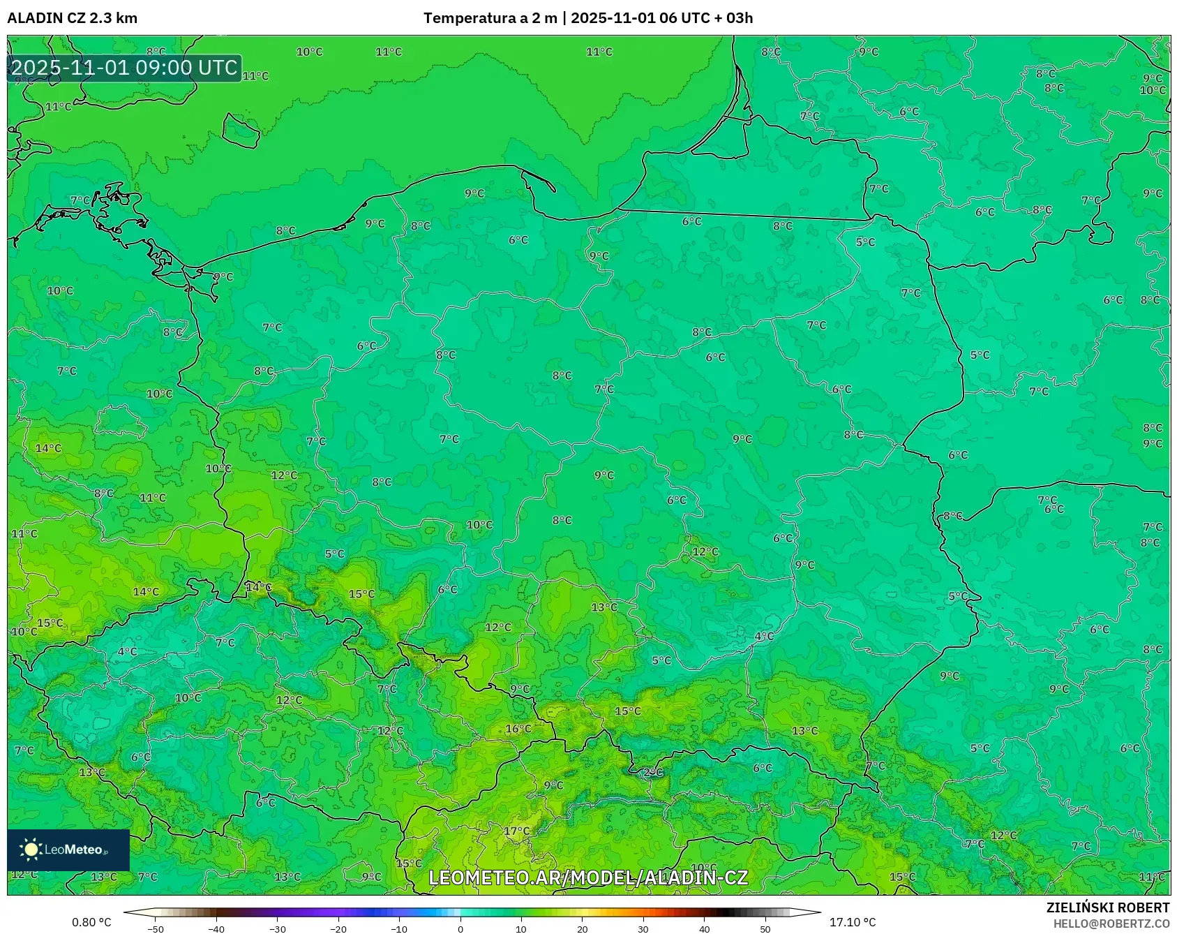 ALADIN CZ 2.3 km model - Polonia, Temperatura a 2 m ALADIN CZ 2.3 km model - Polonia, Temperatura a 2 m