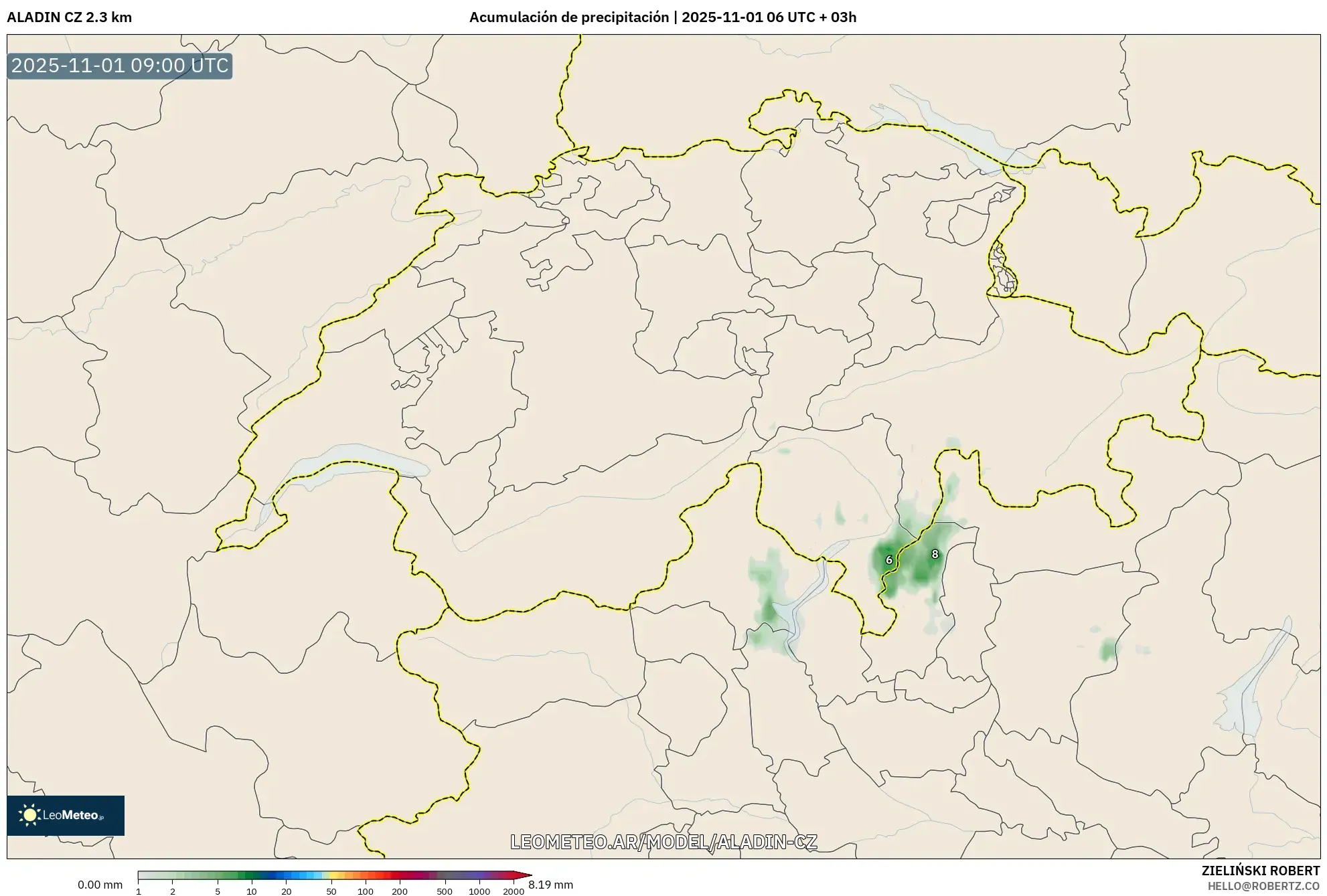 ALADIN CZ 2.3 km model - Suiza, Acumulación de precipitación ALADIN CZ 2.3 km model - Suiza, Acumulación de precipitación