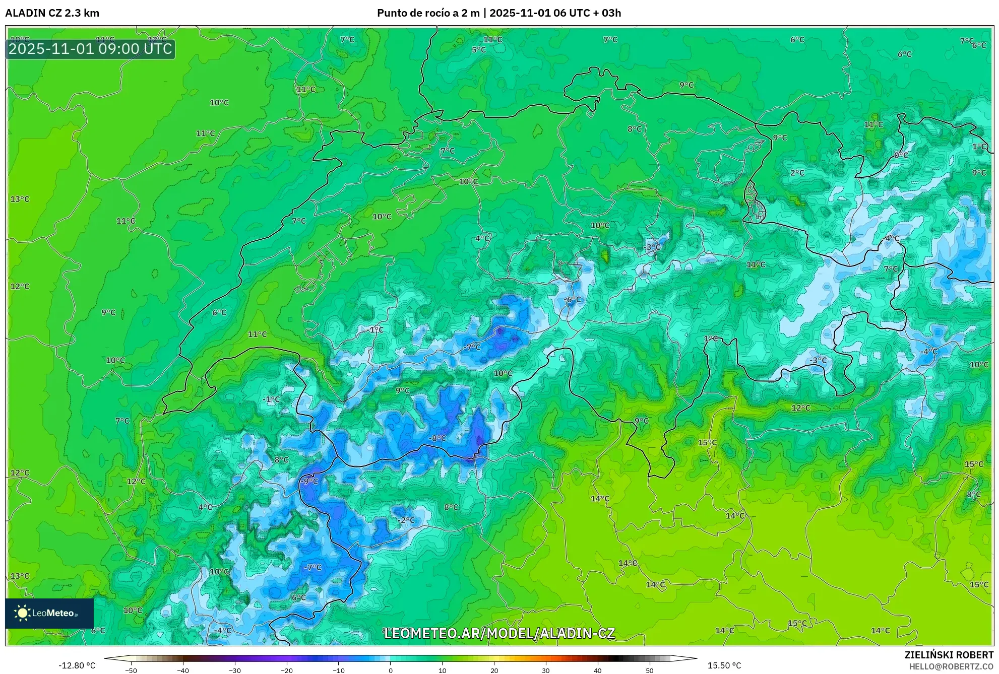ALADIN CZ 2.3 km model - Suiza, Punto de rocío a 2 m ALADIN CZ 2.3 km model - Suiza, Punto de rocío a 2 m