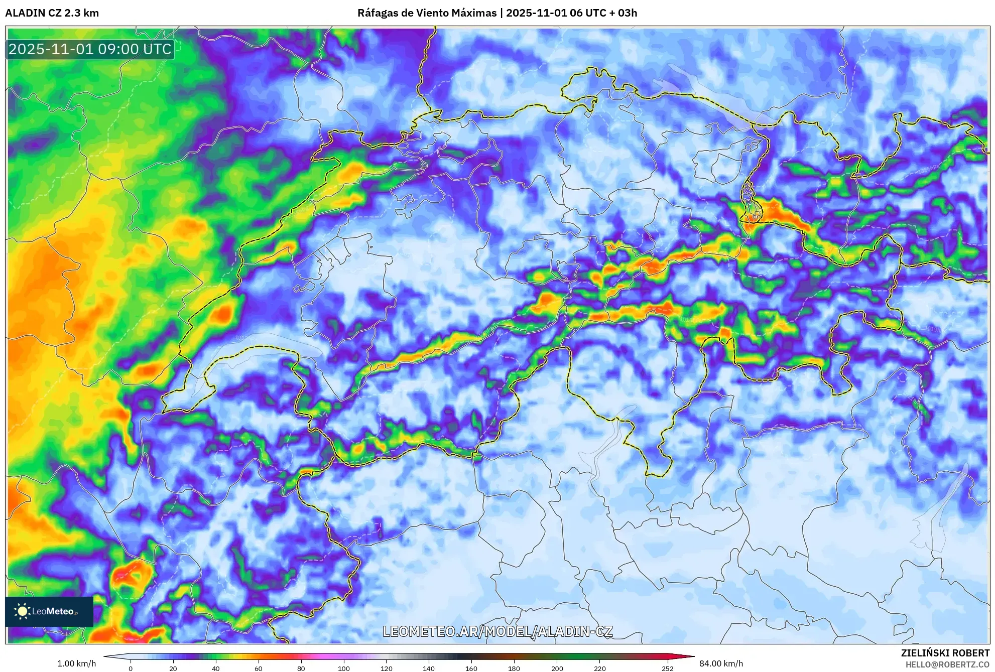 ALADIN CZ 2.3 km model - Suiza, Ráfagas de Viento Máximas ALADIN CZ 2.3 km model - Suiza, Ráfagas de Viento Máximas