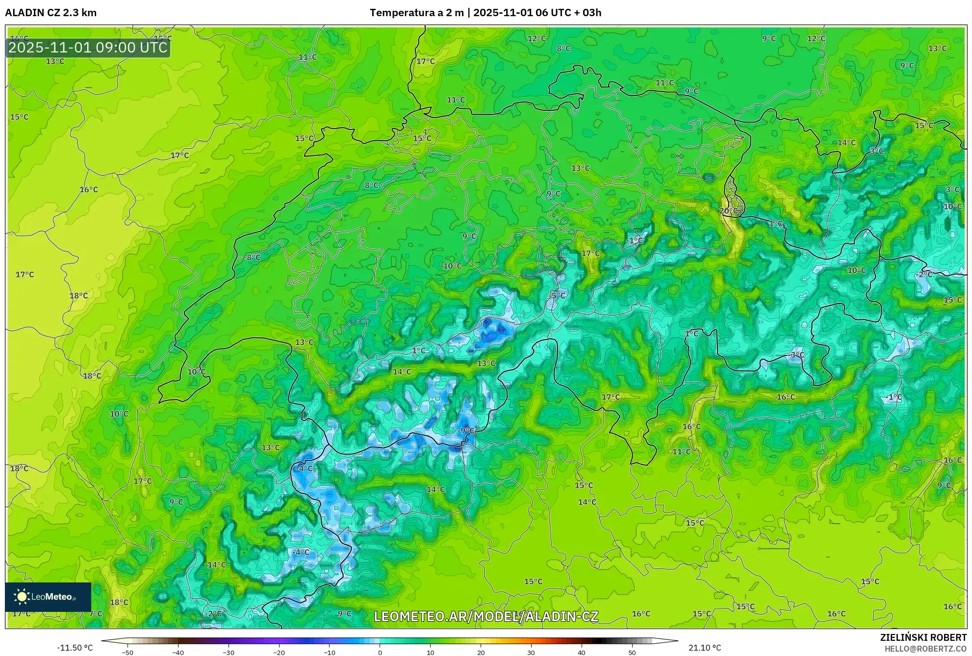ALADIN CZ 2.3 km model - Suiza, Temperatura a 2 m ALADIN CZ 2.3 km model - Suiza, Temperatura a 2 m