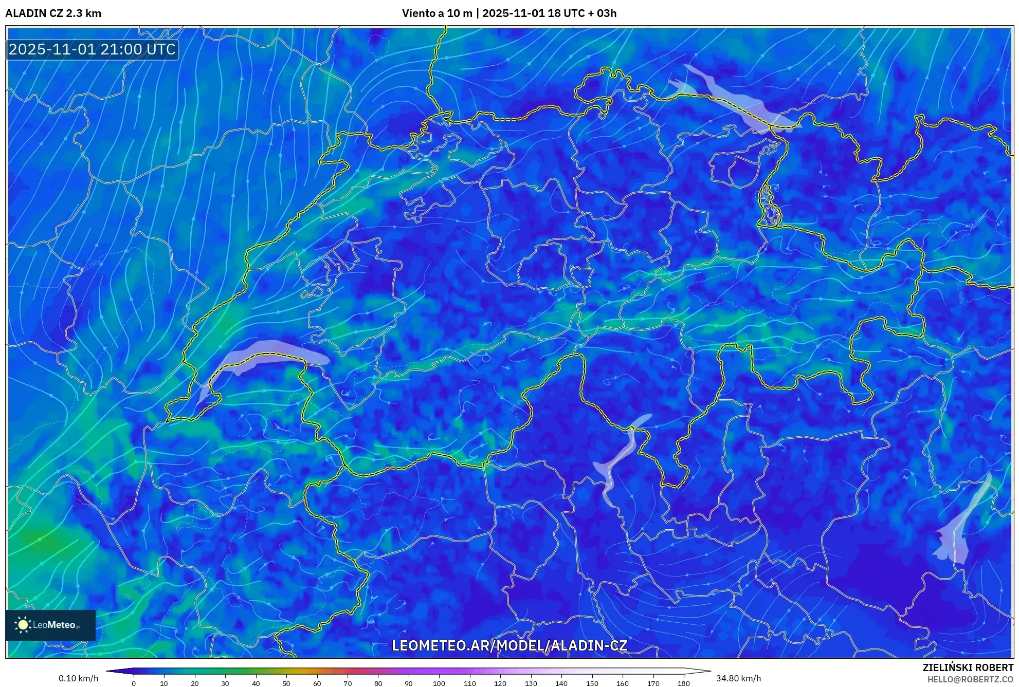 ALADIN CZ 2.3 km model - Suiza, Viento a 10 m ALADIN CZ 2.3 km model - Suiza, Viento a 10 m