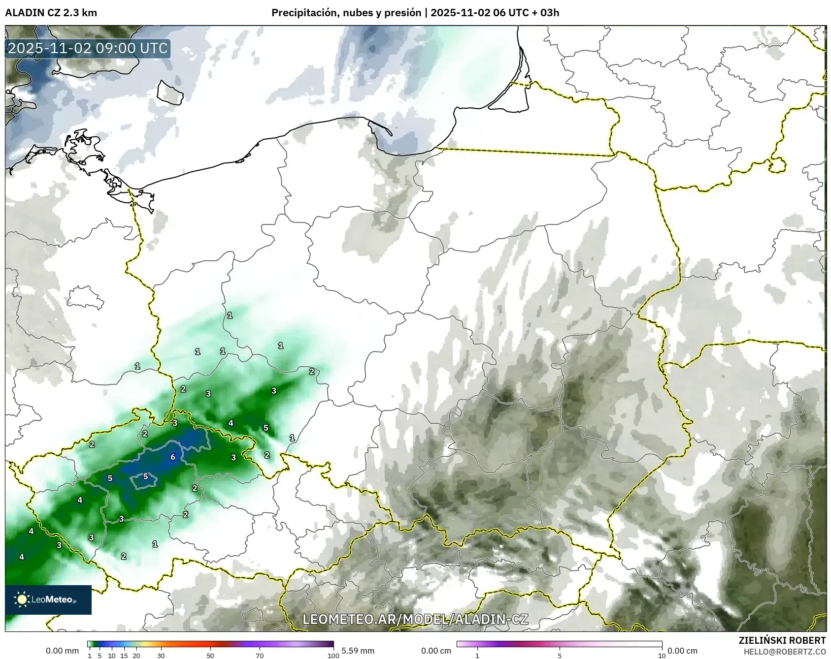 ALADIN CZ 2.3 km model - Polonia, Precipitación, nubes y presión ALADIN CZ 2.3 km model - Polonia, Precipitación, nubes y presión