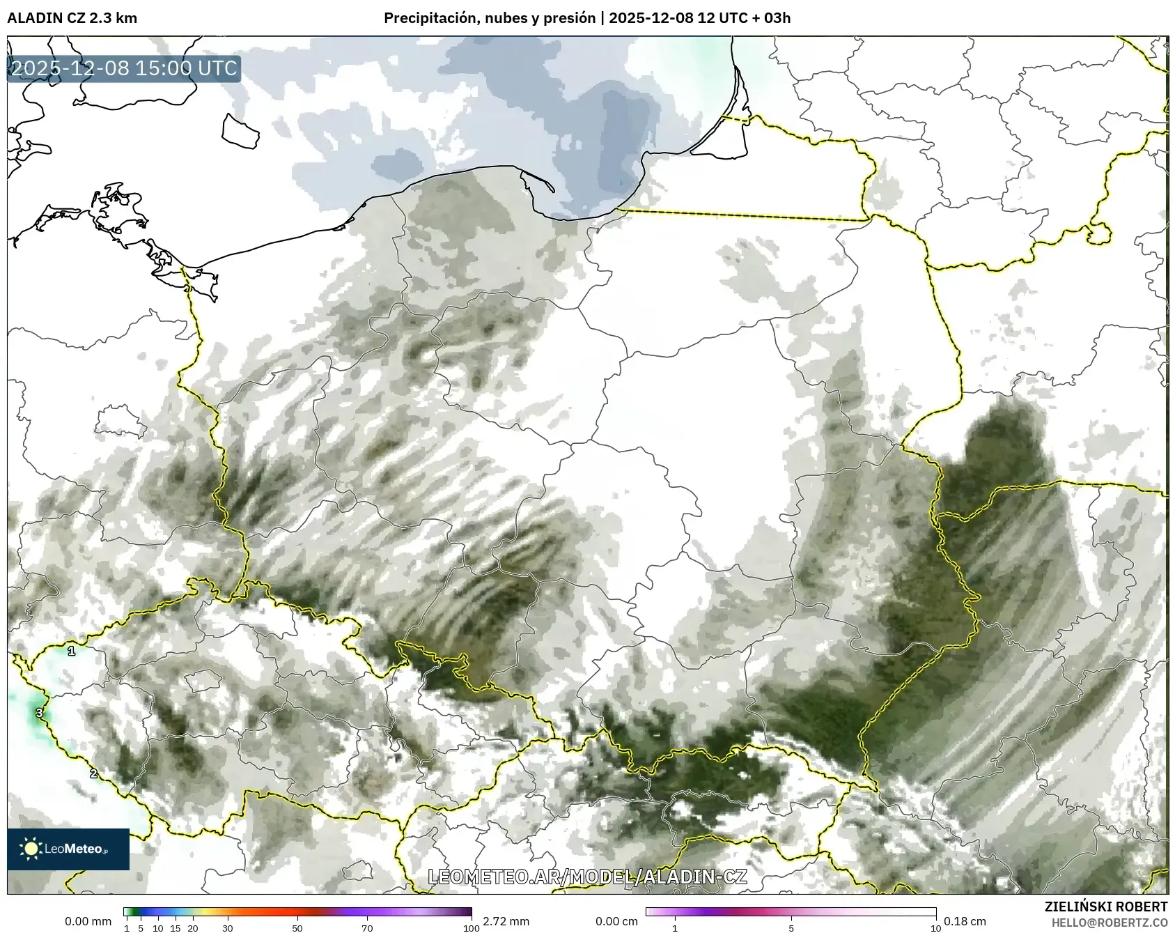 ALADIN CZ 2.3 km model - Polonia, Precipitación, nubes y presión