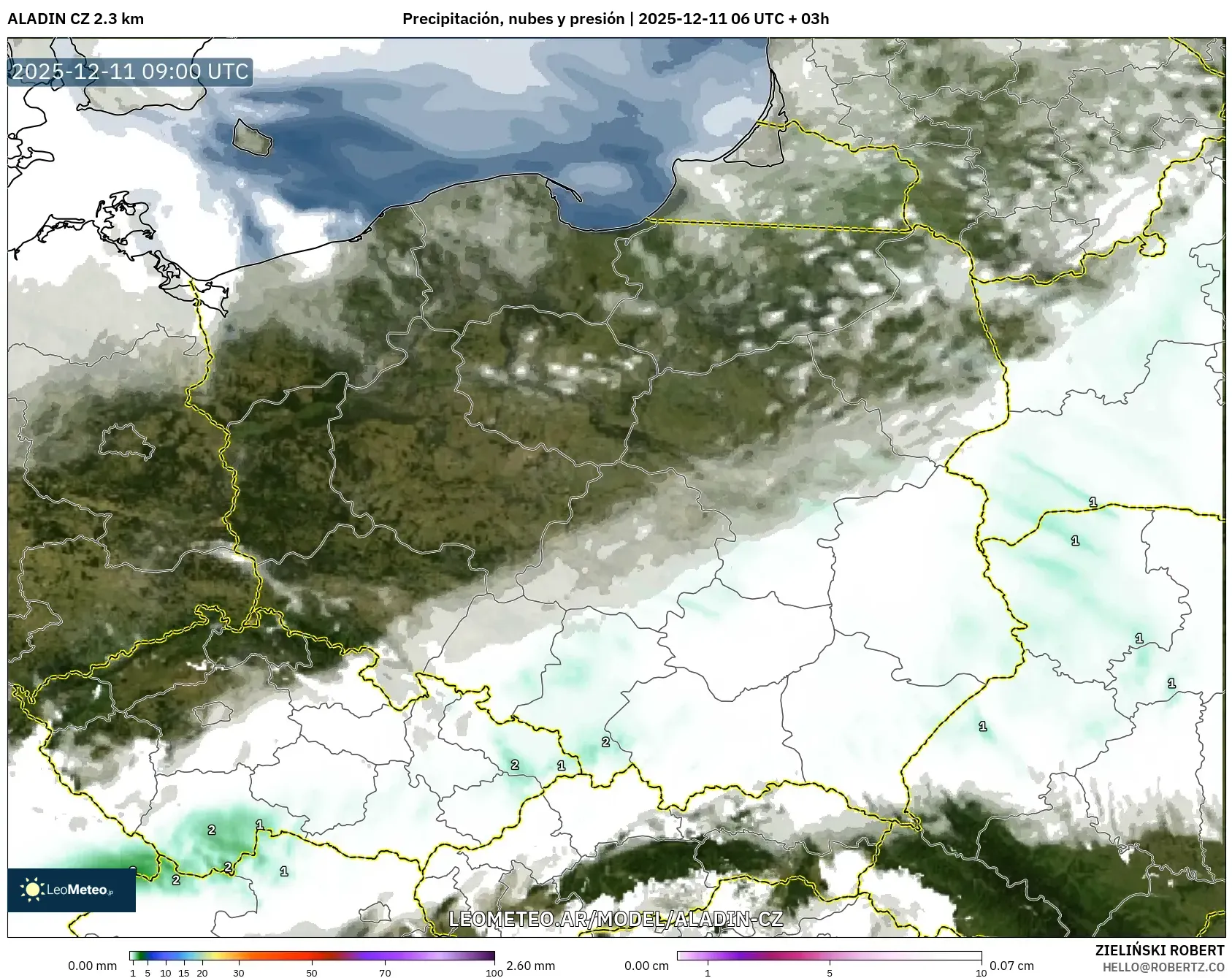ALADIN CZ 2.3 km model - Polonia, Precipitación, nubes y presión