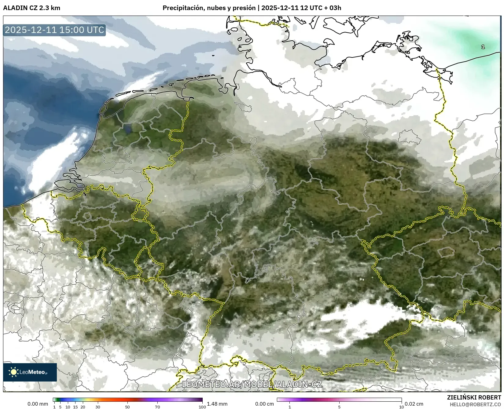 ALADIN CZ 2.3 km model - Alemania, Precipitación, nubes y presión