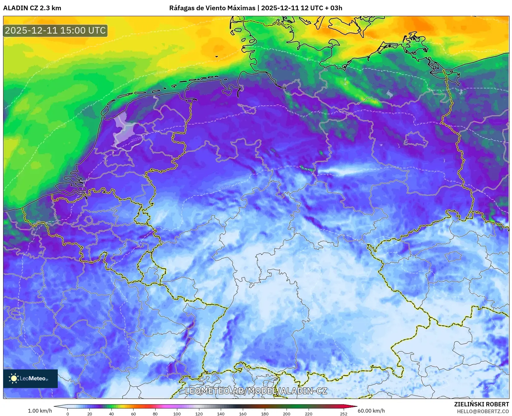 ALADIN CZ 2.3 km model - Alemania, Ráfagas de Viento Máximas