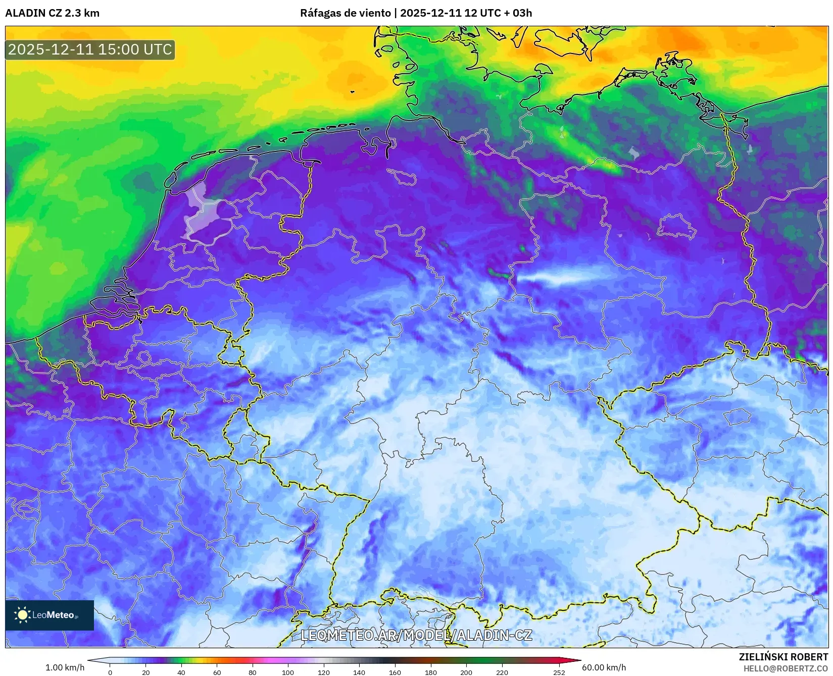 ALADIN CZ 2.3 km model - Alemania, Ráfagas de viento