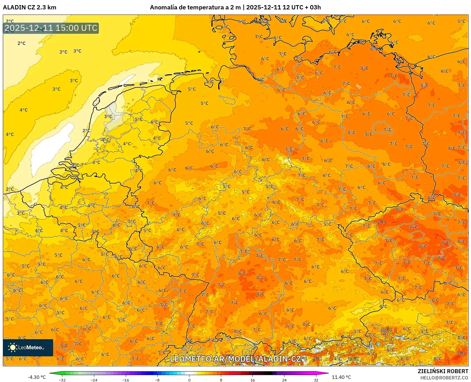 ALADIN CZ 2.3 km model - Alemania, Anomalía de temperatura a 2 m