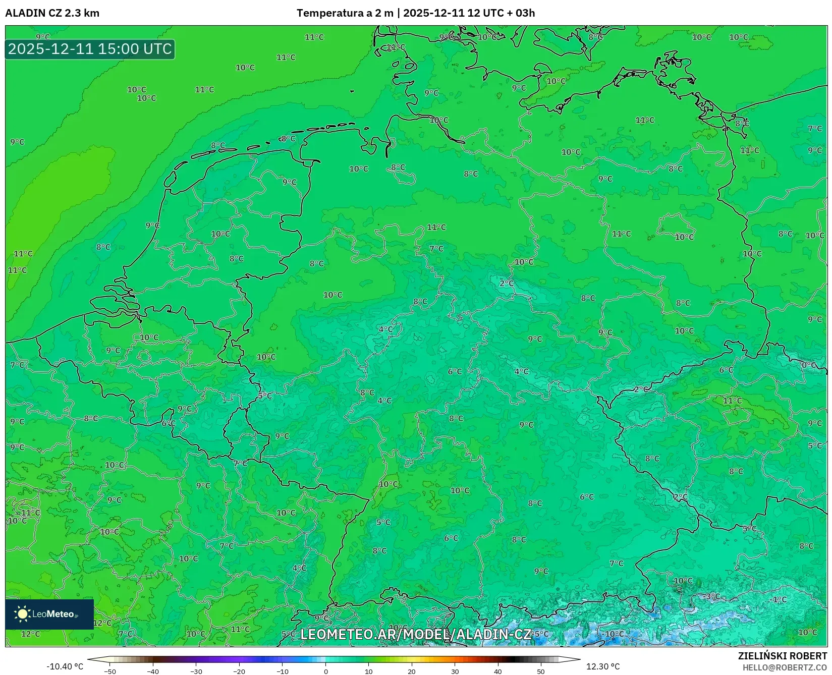 ALADIN CZ 2.3 km model - Alemania, Temperatura a 2 m