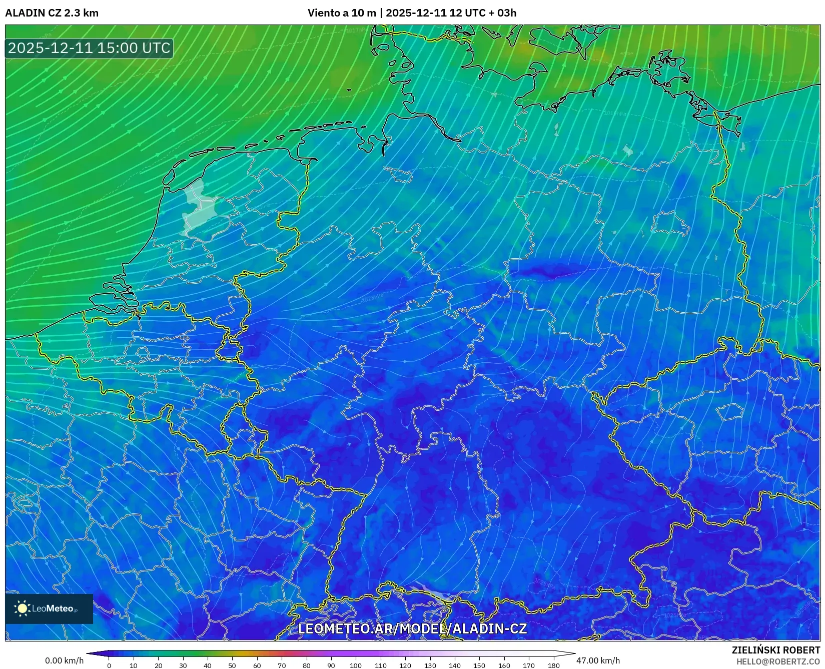 ALADIN CZ 2.3 km model - Alemania, Viento a 10 m