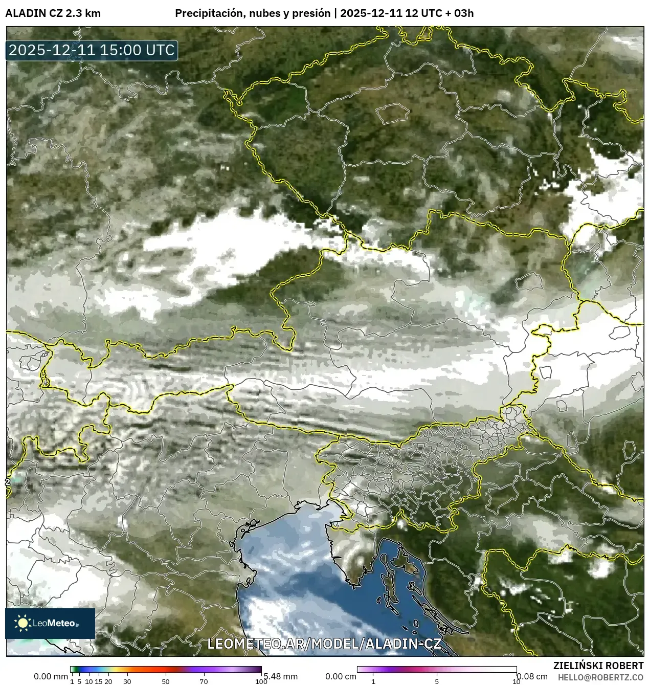 ALADIN CZ 2.3 km model - Austria, Precipitación, nubes y presión