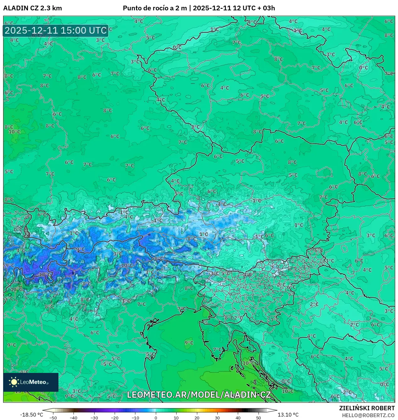 ALADIN CZ 2.3 km model - Austria, Punto de rocío a 2 m