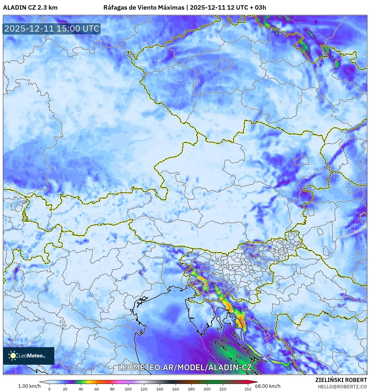 ALADIN CZ 2.3 km model - Austria, Ráfagas de Viento Máximas