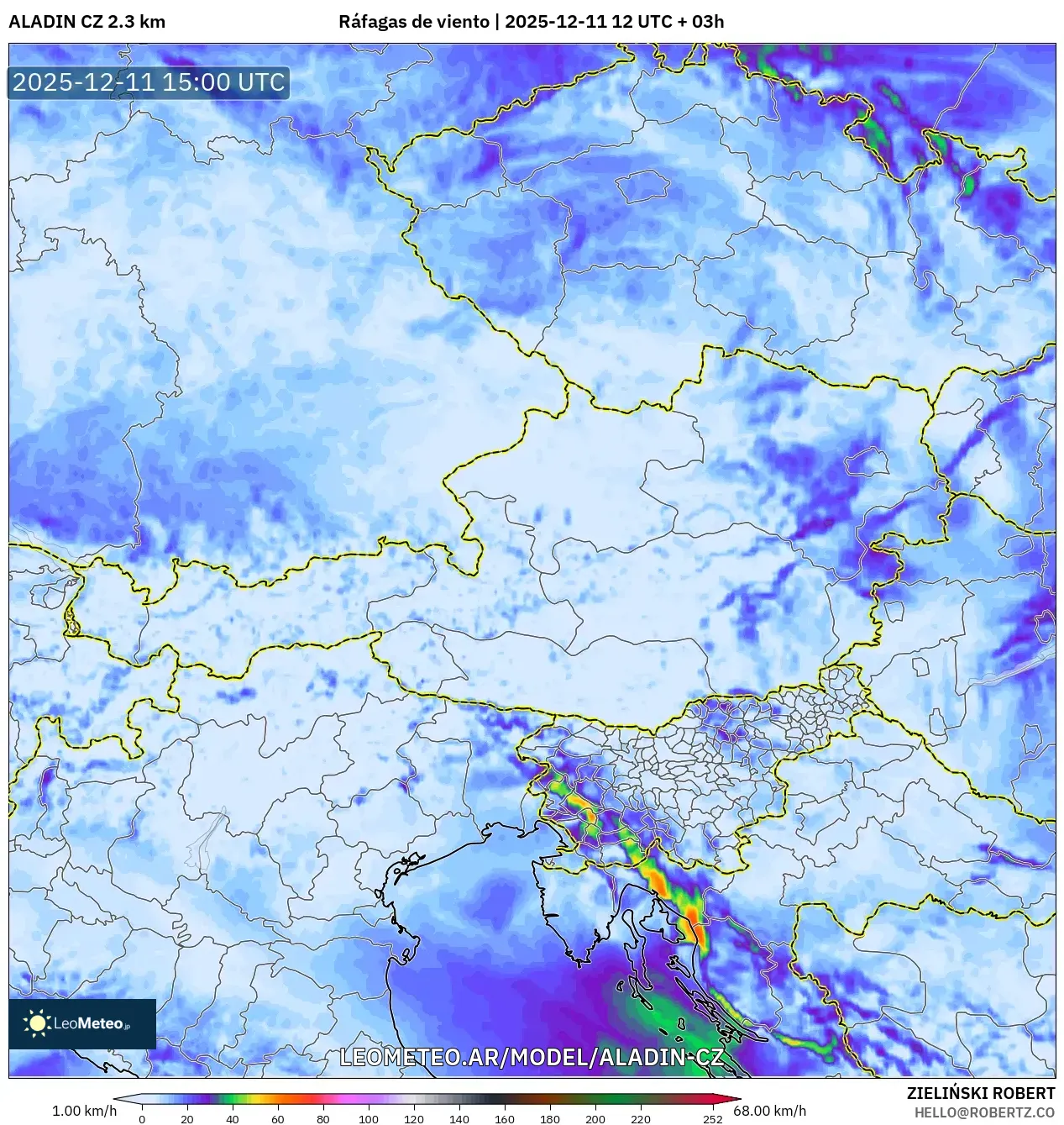 ALADIN CZ 2.3 km model - Austria, Ráfagas de viento