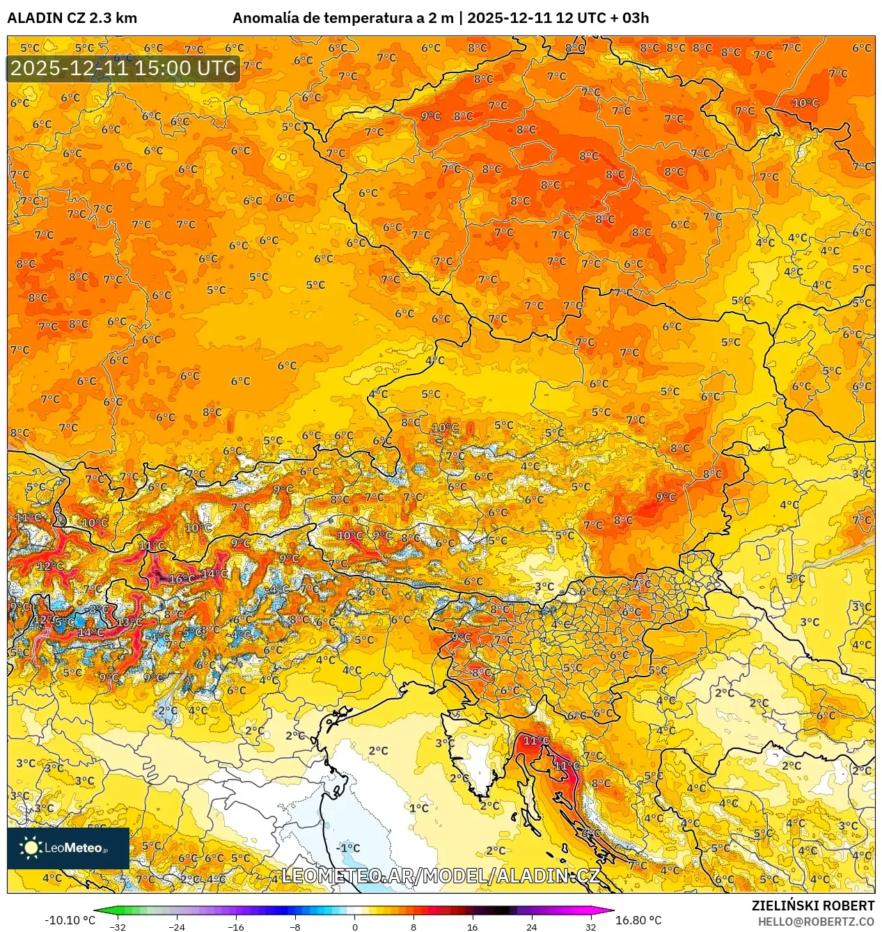ALADIN CZ 2.3 km model - Austria, Anomalía de temperatura a 2 m
