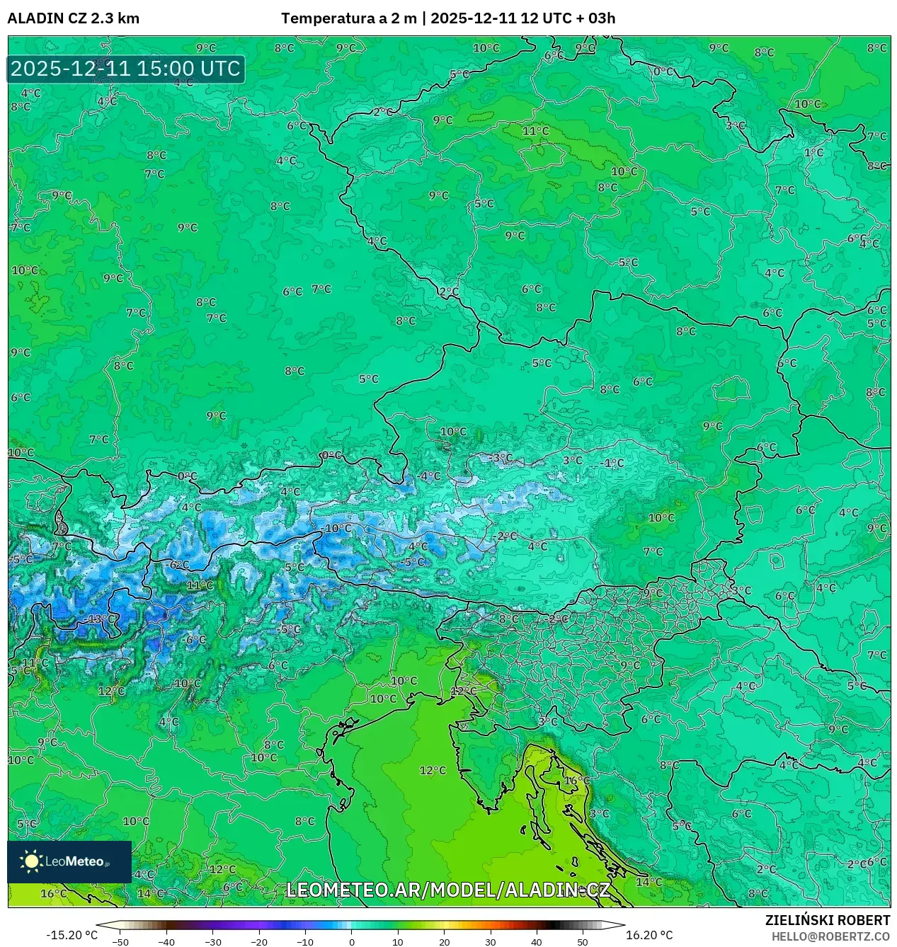 ALADIN CZ 2.3 km model - Austria, Temperatura a 2 m
