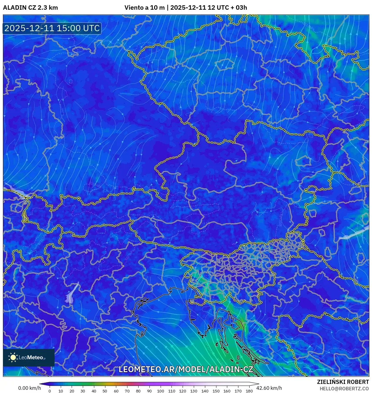 ALADIN CZ 2.3 km model - Austria, Viento a 10 m