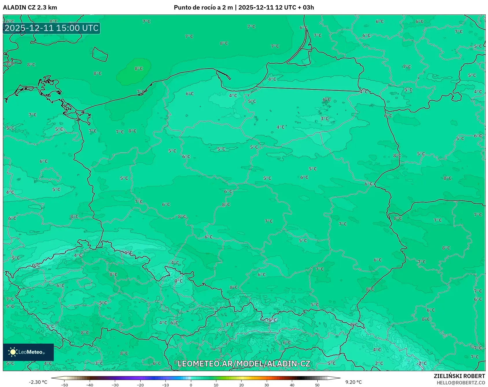ALADIN CZ 2.3 km model - Polonia, Punto de rocío a 2 m