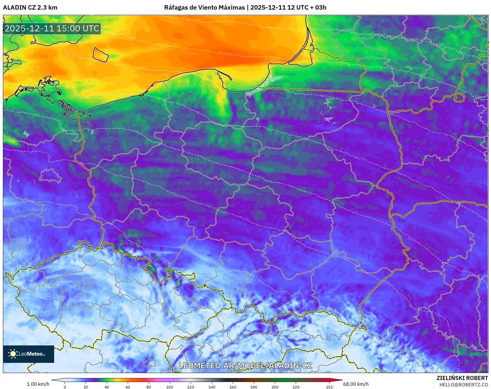 ALADIN CZ 2.3 km model - Polonia, Ráfagas de Viento Máximas