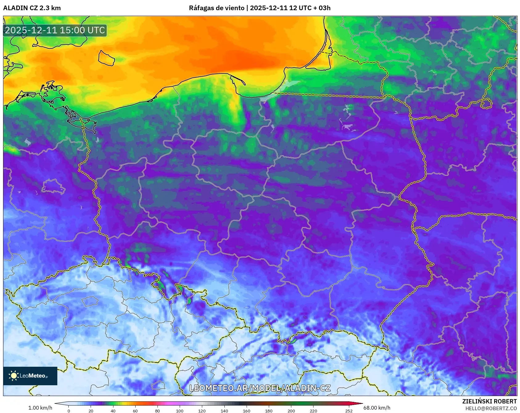 ALADIN CZ 2.3 km model - Polonia, Ráfagas de viento