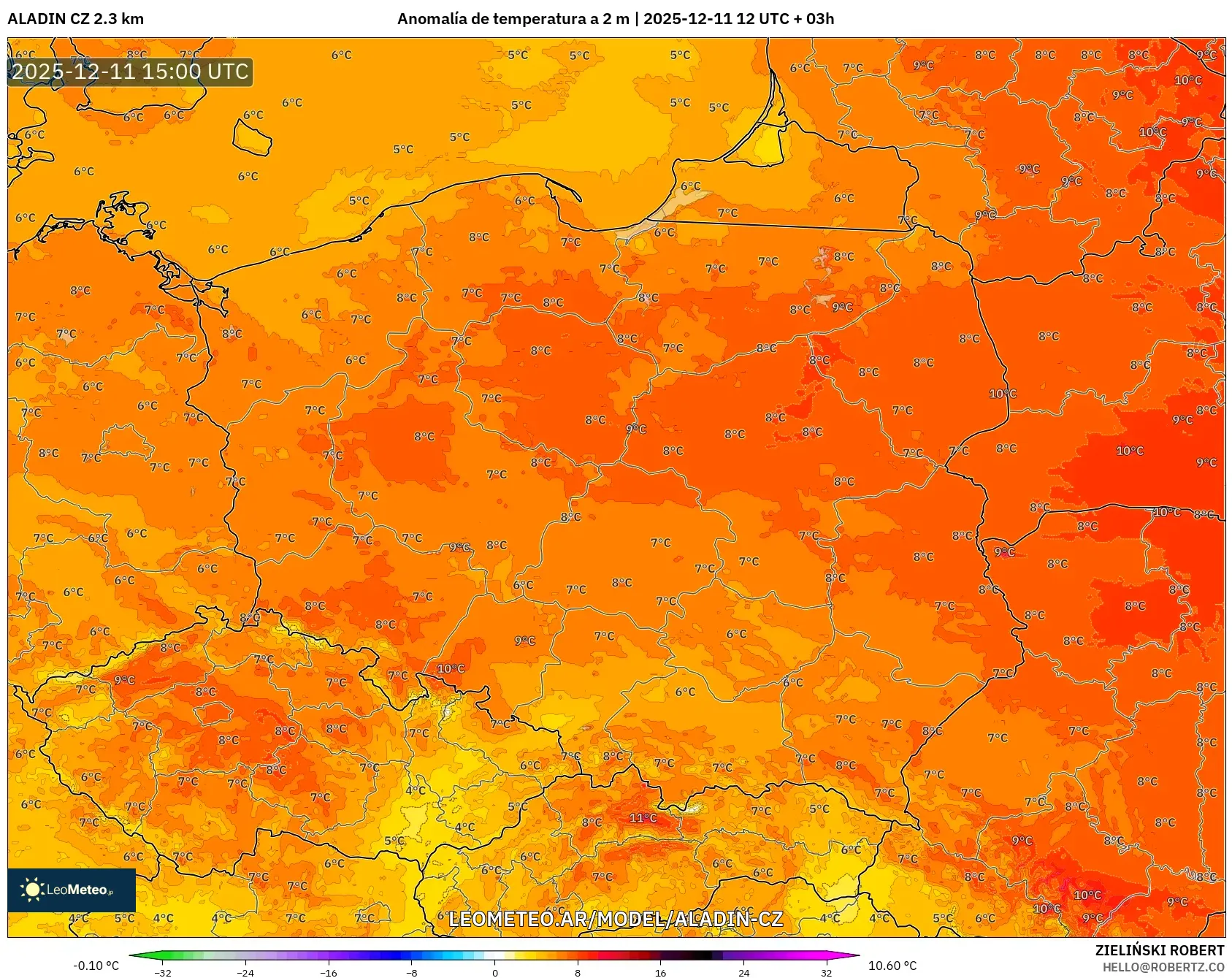 ALADIN CZ 2.3 km model - Polonia, Anomalía de temperatura a 2 m