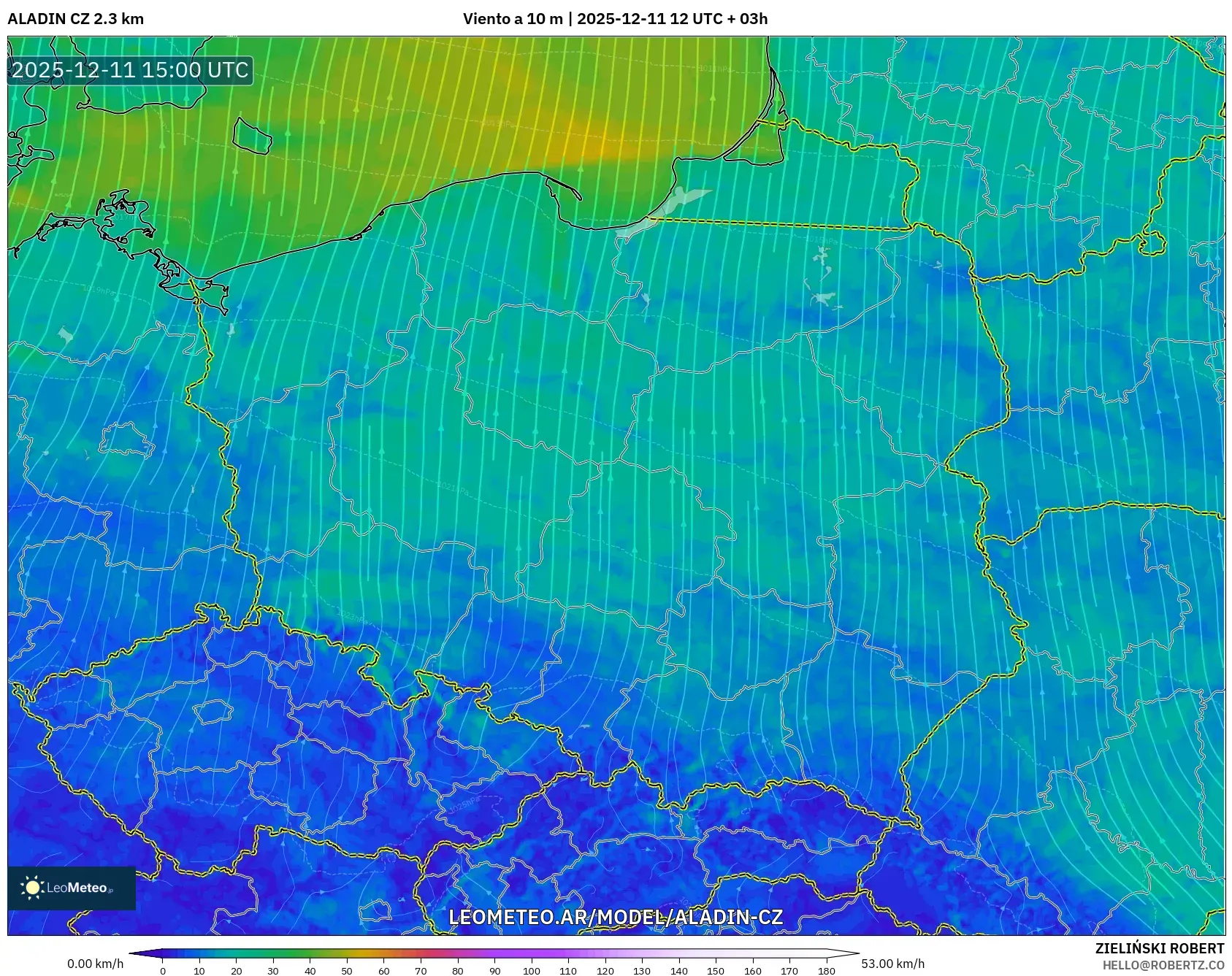 ALADIN CZ 2.3 km model - Polonia, Viento a 10 m