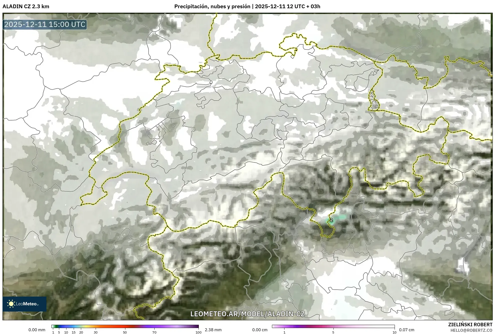 ALADIN CZ 2.3 km model - Suiza, Precipitación, nubes y presión