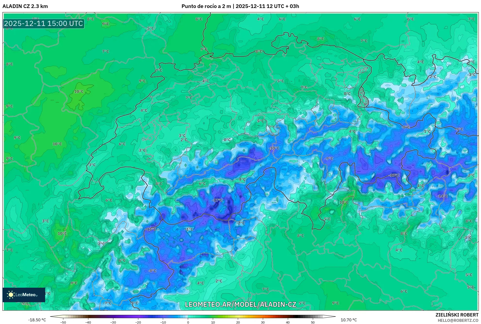 ALADIN CZ 2.3 km model - Suiza, Punto de rocío a 2 m