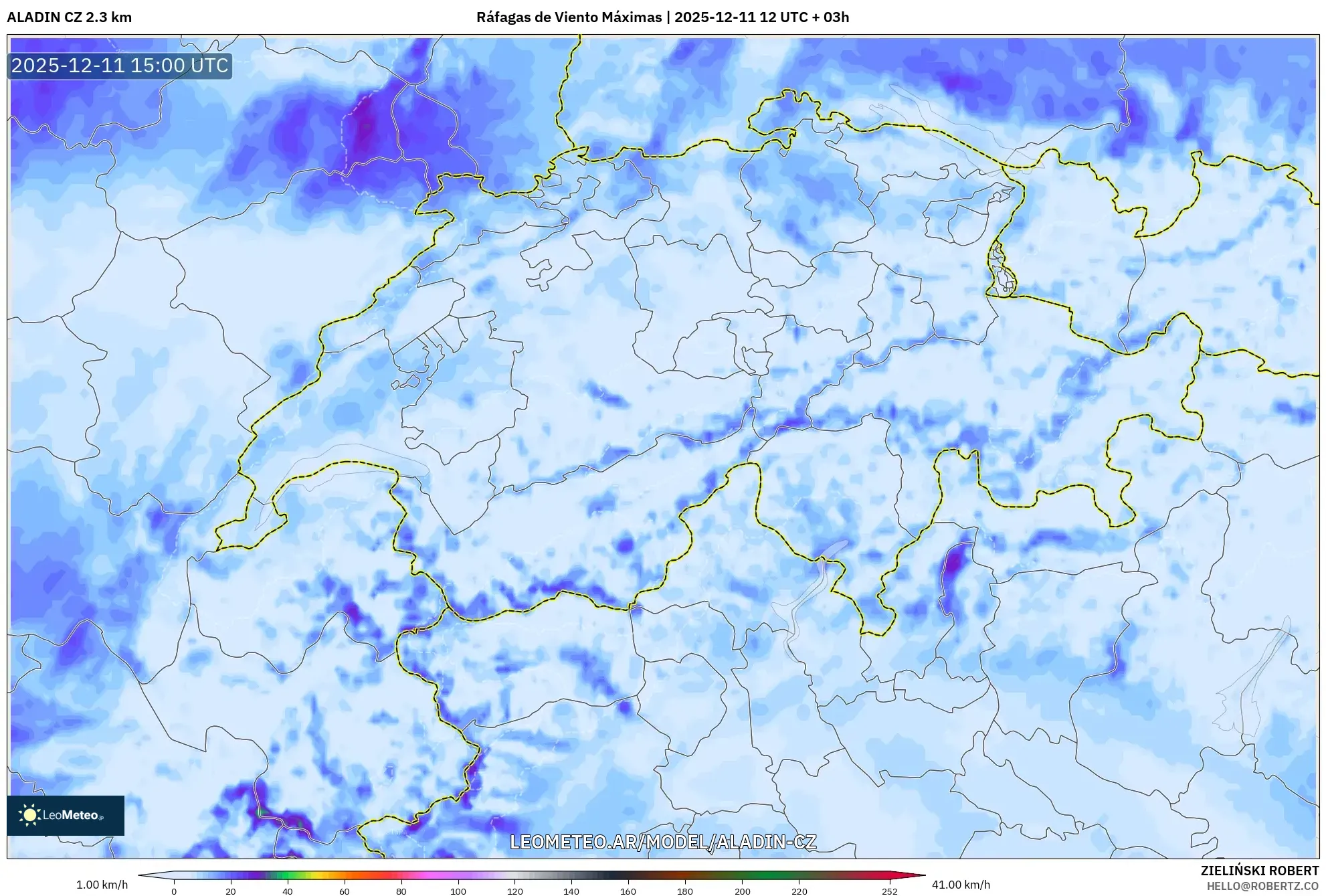 ALADIN CZ 2.3 km model - Suiza, Ráfagas de Viento Máximas