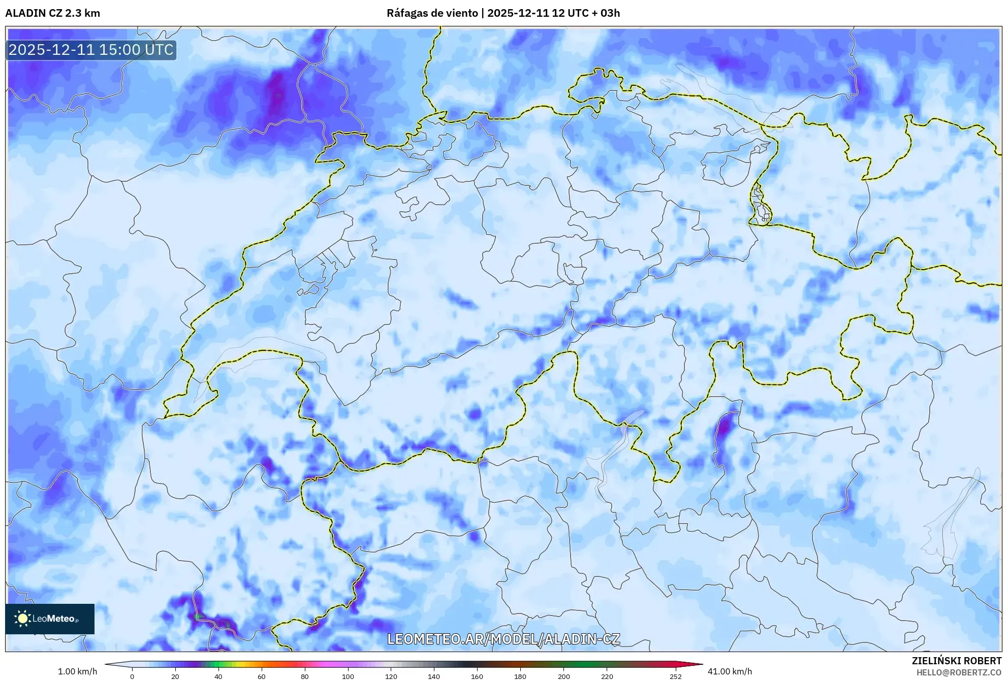 ALADIN CZ 2.3 km model - Suiza, Ráfagas de viento