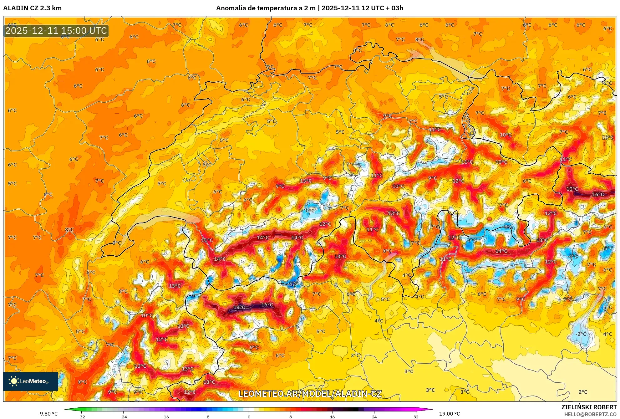 ALADIN CZ 2.3 km model - Suiza, Anomalía de temperatura a 2 m