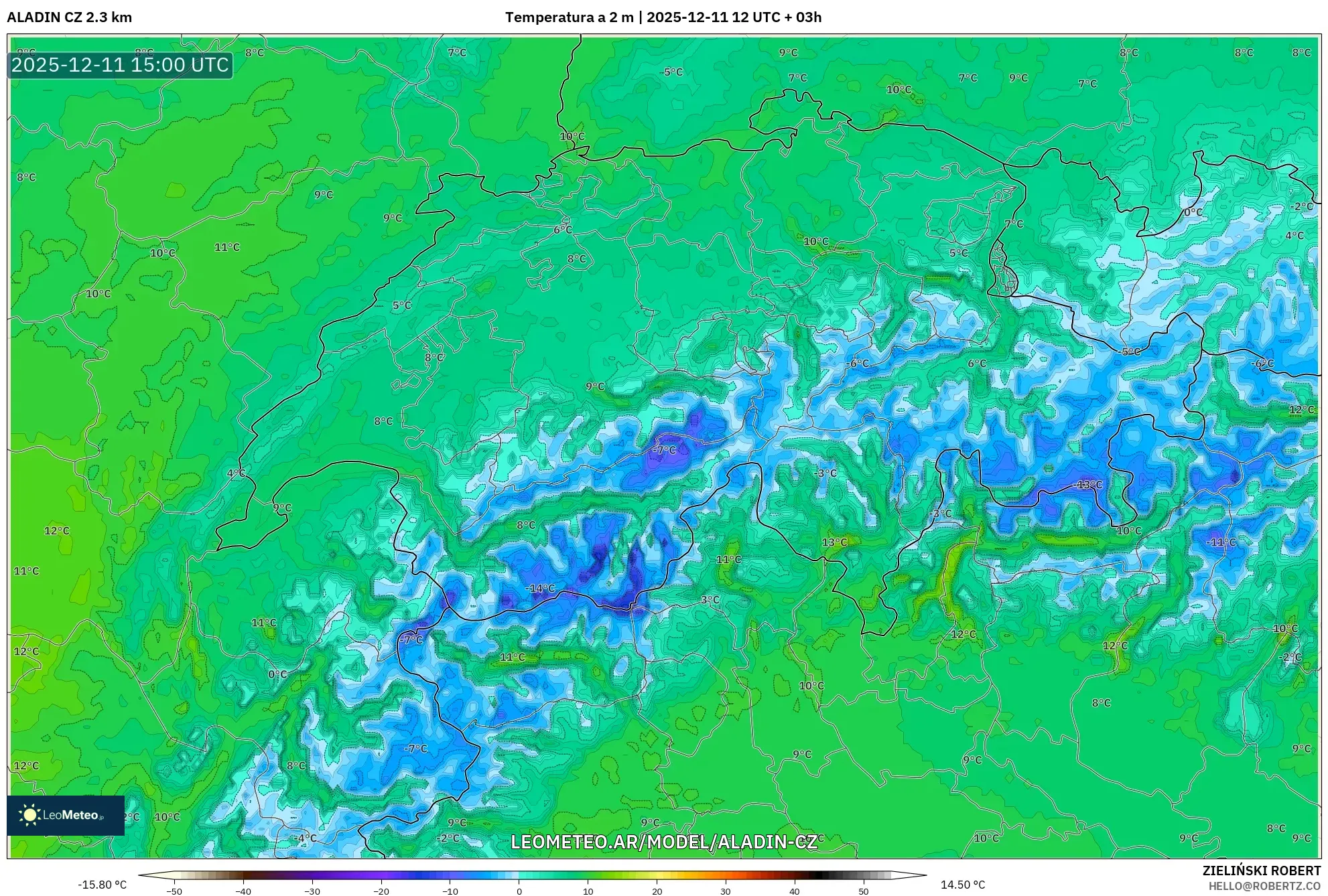 ALADIN CZ 2.3 km model - Suiza, Temperatura a 2 m