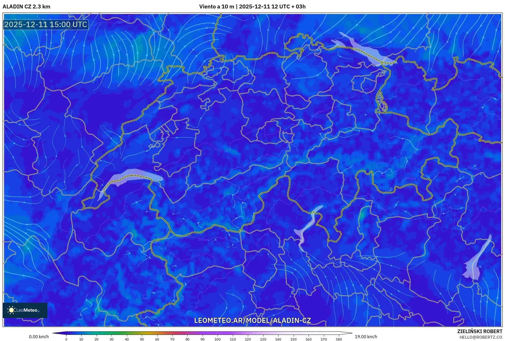 ALADIN CZ 2.3 km model - Suiza, Viento a 10 m