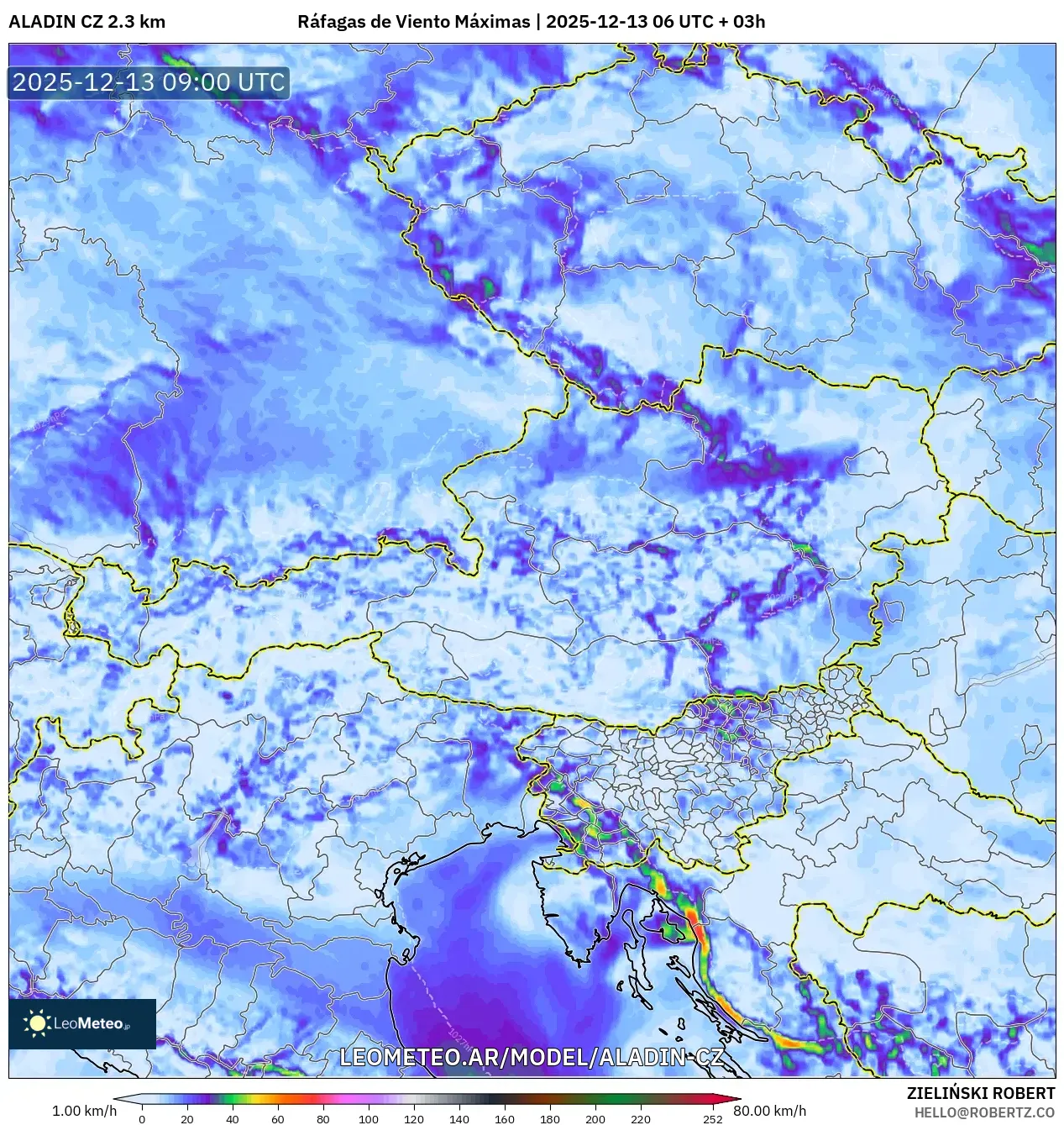 ALADIN CZ 2.3 km model - Austria, Ráfagas de Viento Máximas