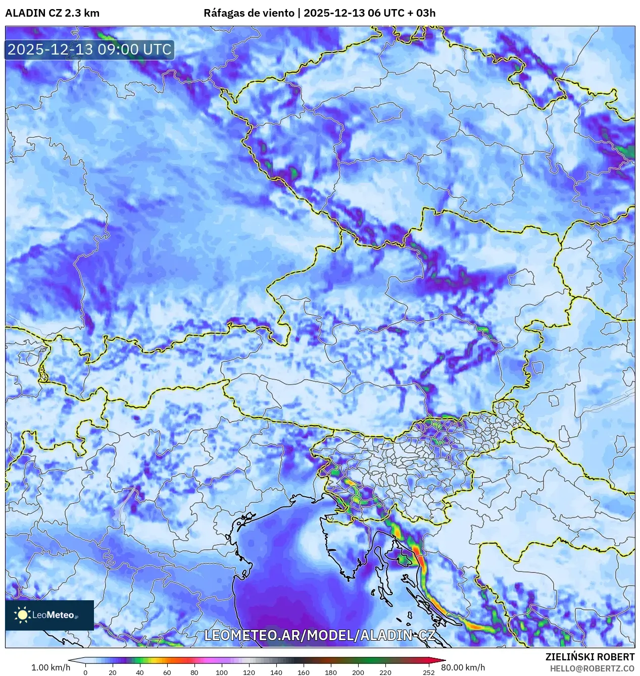 ALADIN CZ 2.3 km model - Austria, Ráfagas de viento