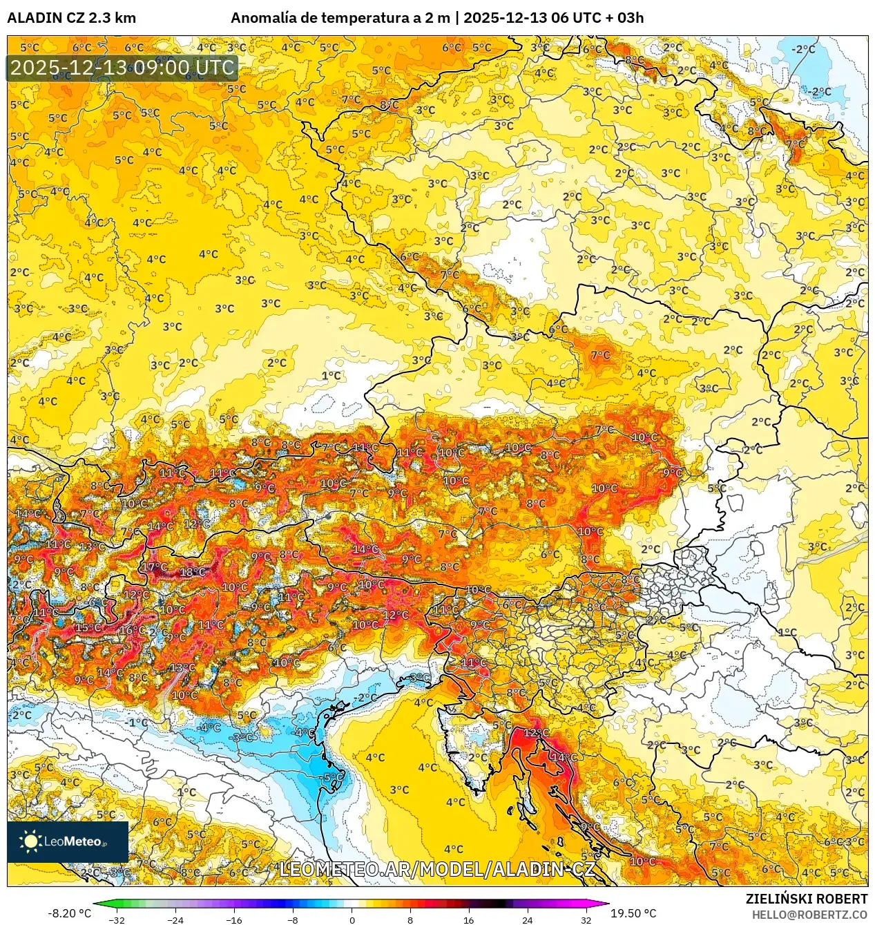 ALADIN CZ 2.3 km model - Austria, Anomalía de temperatura a 2 m