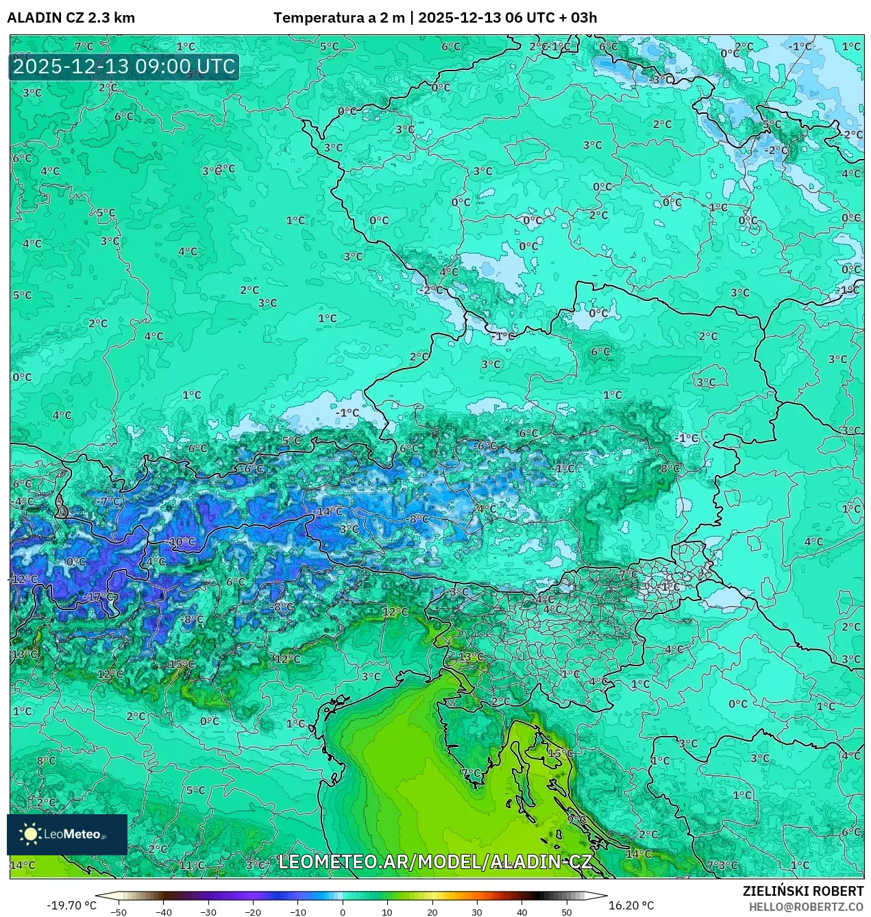 ALADIN CZ 2.3 km model - Austria, Temperatura a 2 m