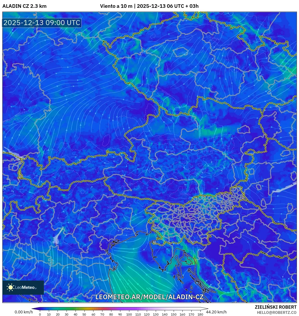 ALADIN CZ 2.3 km model - Austria, Viento a 10 m