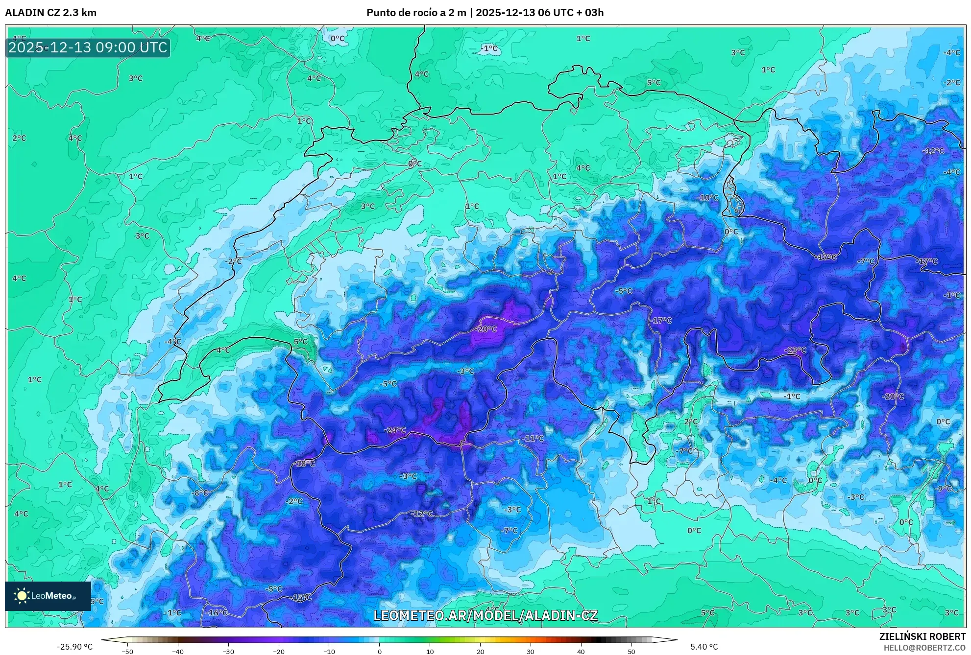 ALADIN CZ 2.3 km model - Suiza, Punto de rocío a 2 m