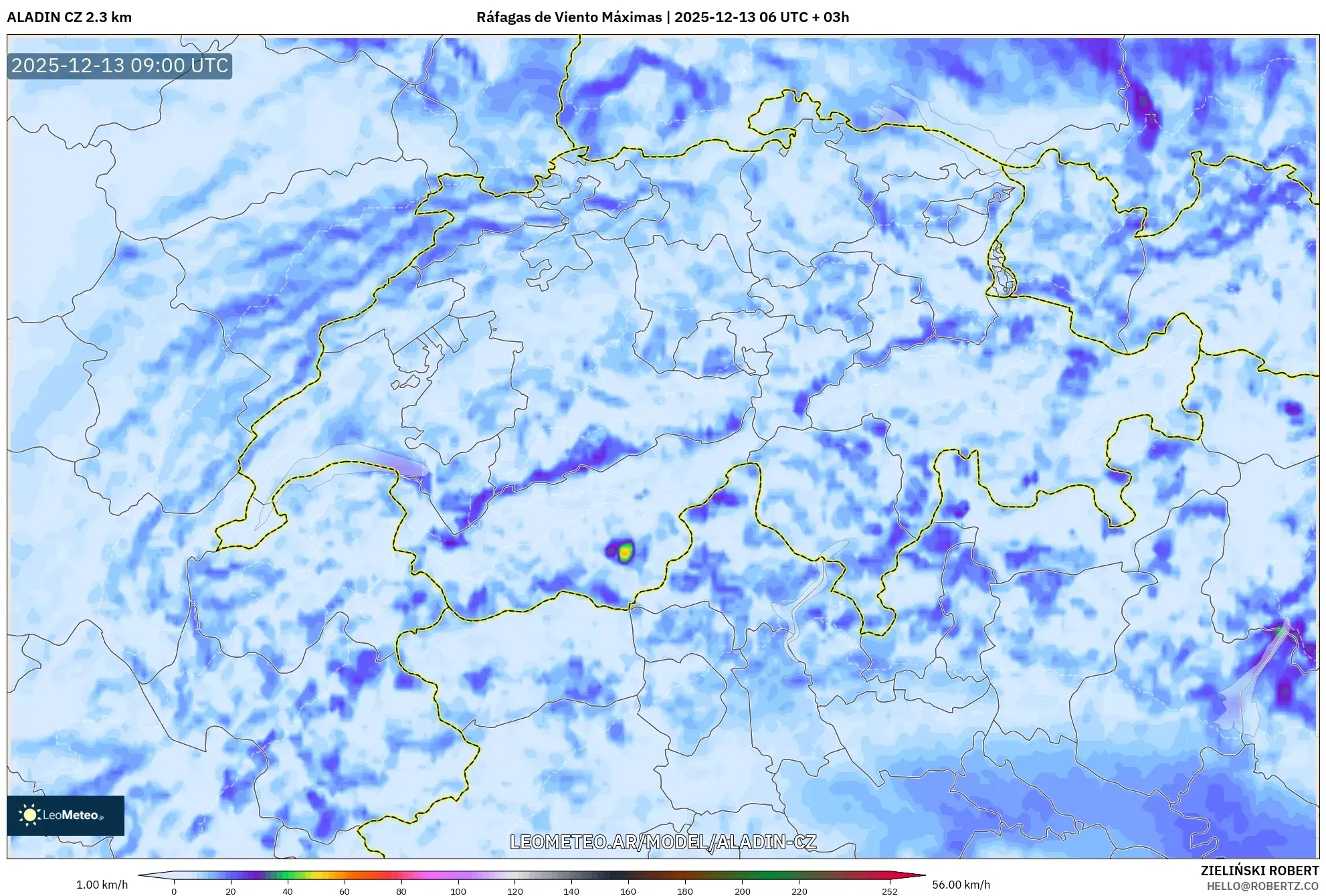ALADIN CZ 2.3 km model - Suiza, Ráfagas de Viento Máximas