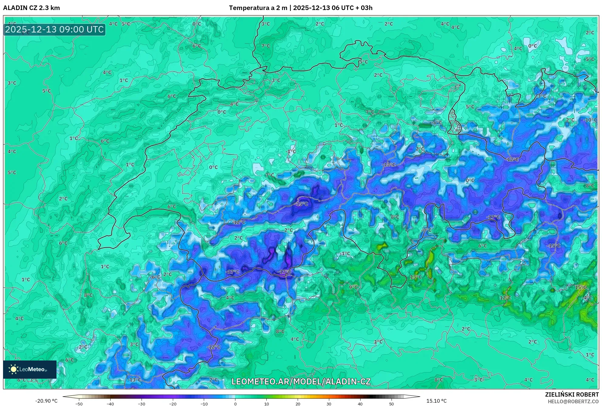 ALADIN CZ 2.3 km model - Suiza, Temperatura a 2 m