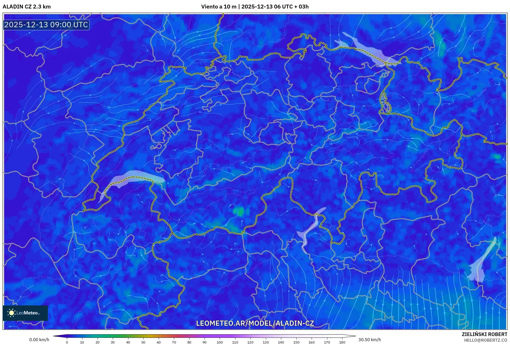 ALADIN CZ 2.3 km model - Suiza, Viento a 10 m